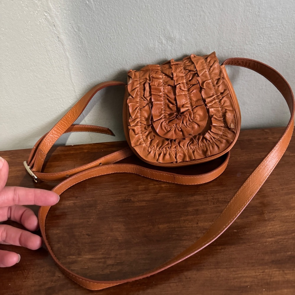 Loeffler Randall Crossbody Bag Brown Ruffle Leather Boho Mini Festival Micro